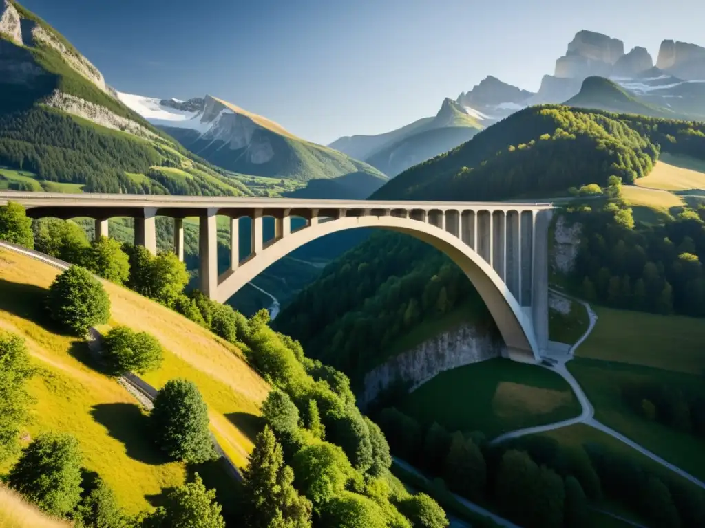 Imagen en blanco y negro del icónico Puente Salginatobel, destacando su estructura arqueada en contraste con el paisaje montañoso