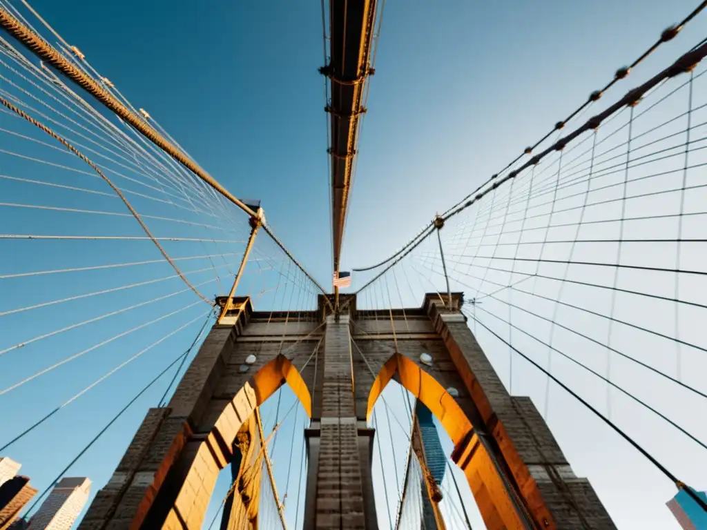 Imagen en blanco y negro del impacto cultural del puente de Manhattan, resaltando su elegancia atemporal y la ciudad de Nueva York al fondo