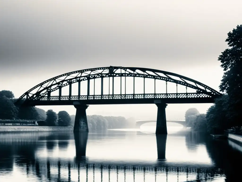 Imagen en blanco y negro del majestuoso Puente de Glienicke, evocando su historia en la Guerra Fría