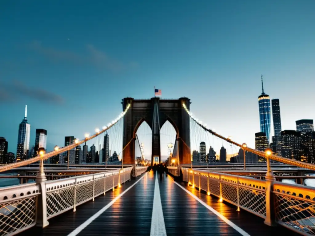 Imagen en blanco y negro del Puente de Brooklyn al atardecer, con luces de la ciudad brillando en la distancia