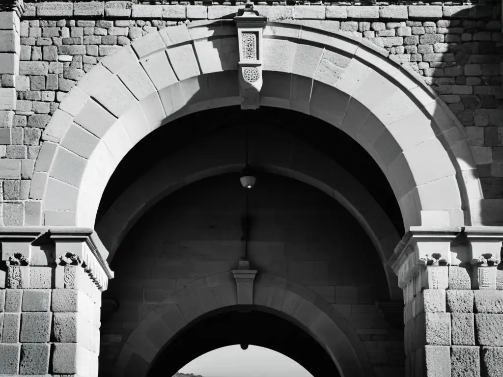 Imagen en blanco y negro del Puente Romano en Córdoba, España, resaltando sus arcos antiguos y juego de luces y sombras