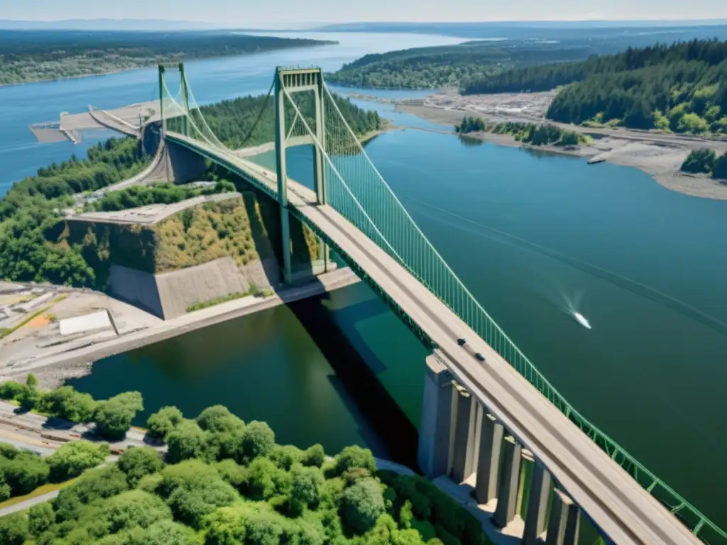 Imagen en 8k del colapso del puente Tacoma Narrows, mostrando los restos retorcidos y la belleza devastada del legado ingeniería puente Tacoma Narrows