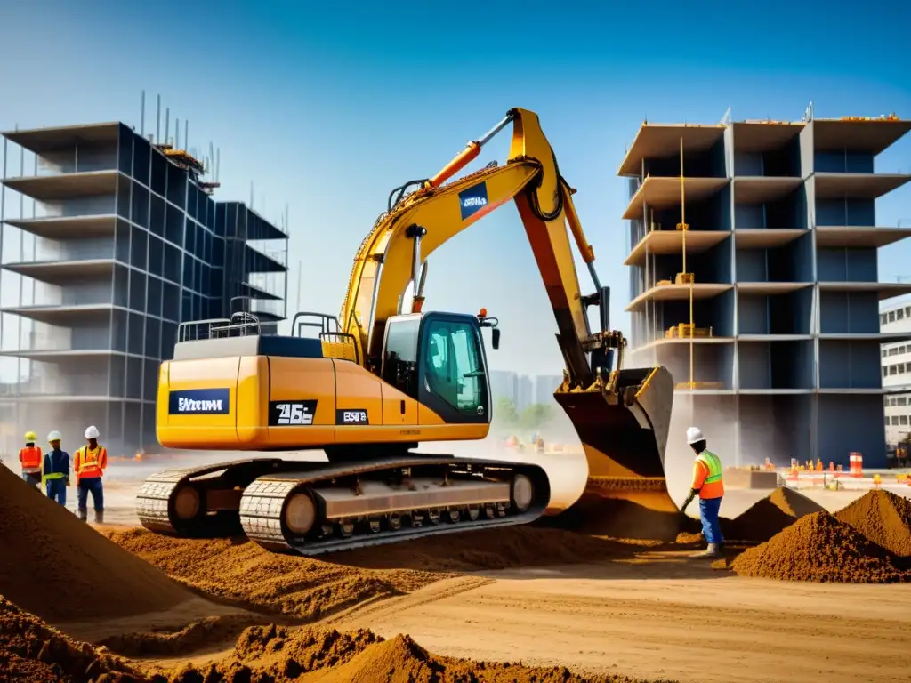 Imagen de una construcción moderna con maquinaria especializada y trabajadores usando técnicas avanzadas para construir bases y pilotes