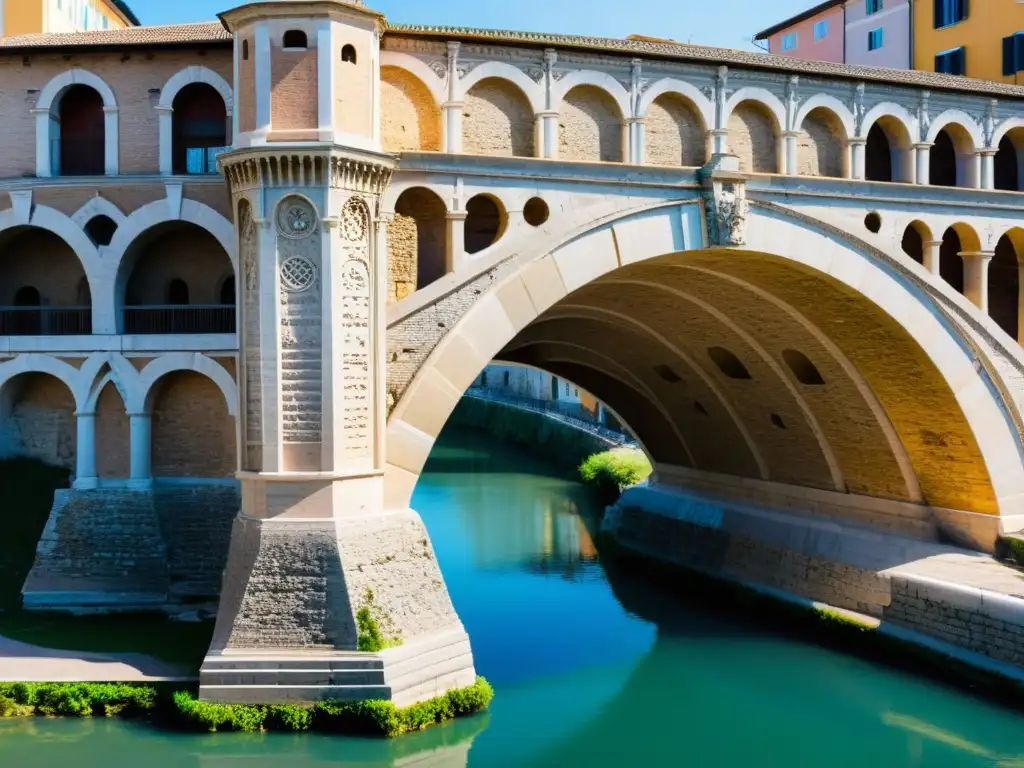 Una imagen detallada del antiguo Puente de Tiberio en Rimini, resaltando su arquitectura y conservación a lo largo de los siglos