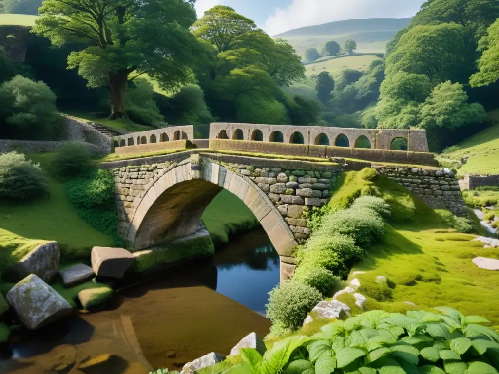 Imagen detallada de un antiguo puente de piedra, con signos de historia y vegetación sutil