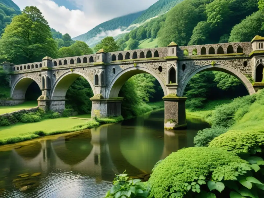 Imagen detallada de los arcos y pilares de la antigua Devil's Bridge en Alemania, rodeada de exuberante vegetación