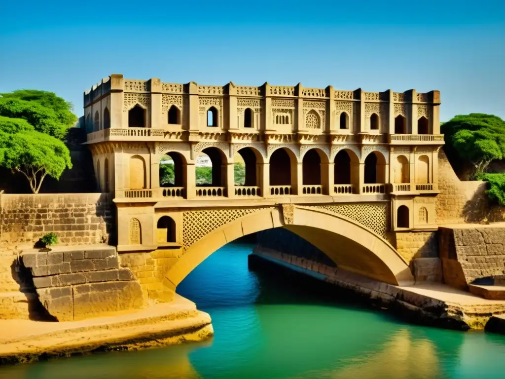 Una imagen detallada del histórico Puente de Isla de Gorea en Senegal, resaltando su arquitectura colonial y su conexión con el paisaje circundante