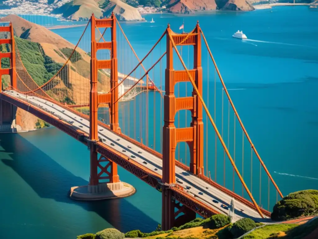 Imagen detallada del icónico Puente Golden Gate en San Francisco, destacando su arquitectura y su integración en el entorno natural