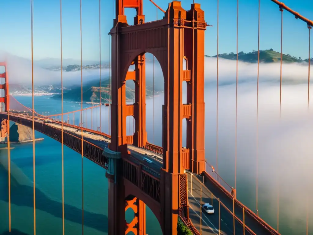 Imagen detallada del icónico Puente Golden Gate en San Francisco, destacando su color rojo anaranjado en contraste con la neblina de la bahía