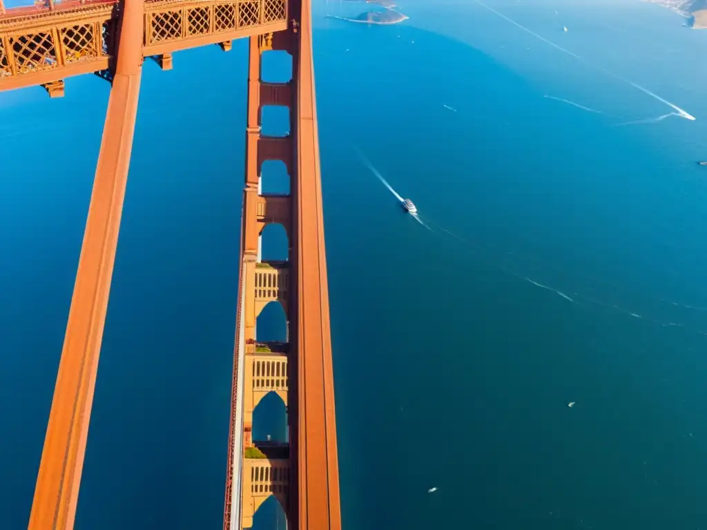 Imagen detallada del icónico Puente Golden Gate en San Francisco, con luz cálida sobre los cables y aguas azules del la bahía