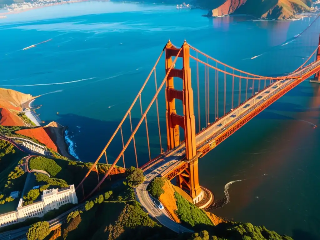 Imagen detallada del icónico Puente Golden Gate en San Francisco, resaltando su majestuosidad y belleza durante un vibrante atardecer