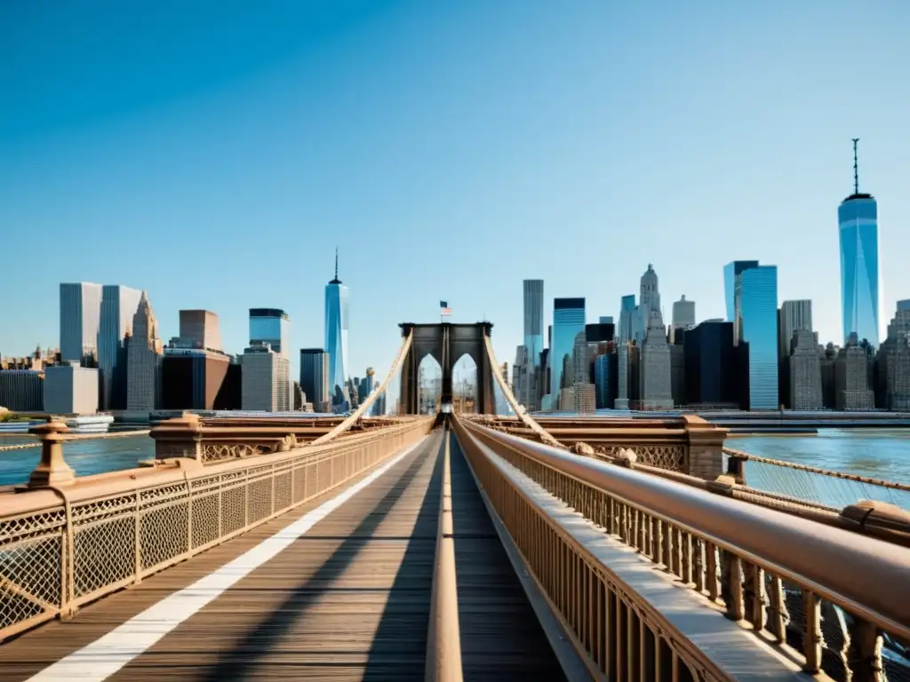 Imagen detallada del icónico puente de Brooklyn en Nueva York, con sus cables de suspensión, torres de piedra y el bullicioso paisaje urbano de fondo