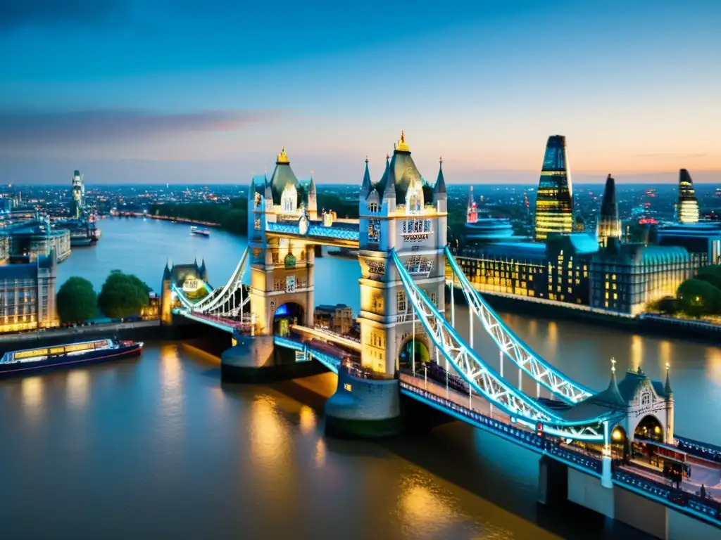 Imagen detallada del icónico Puente de la Torre de Londres, resaltando su historia y grandiosidad, bañado por la cálida luz del sol