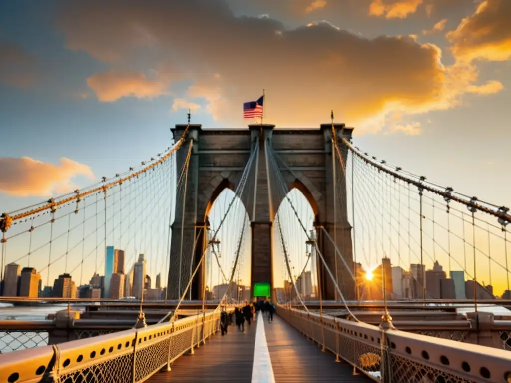 Imagen detallada del icónico Puente de Brooklyn al atardecer, reflejando su grandeza e historia