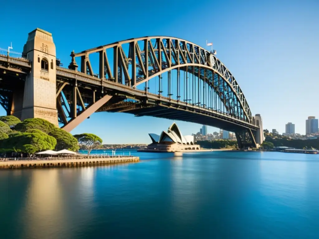 Imagen detallada del icónico puente de Sydney, con sus intrincados arcos de acero y majestuosa extensión sobre el agua