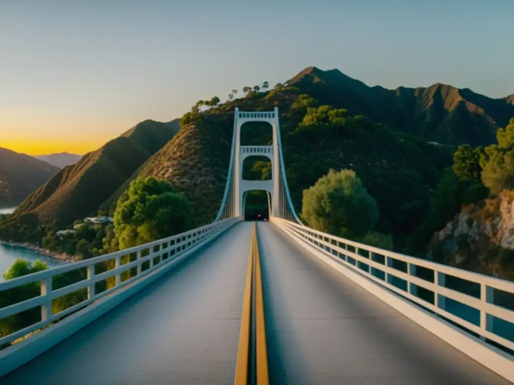 Imagen 8k detallada del icónico puente de 'Under the Silver Lake', resaltando su belleza cinematográfica y arquitectónica