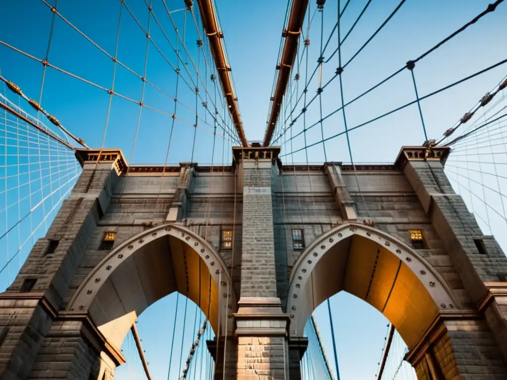 Imagen detallada del icónico Puente de Brooklyn, resaltando su grandiosidad histórica y la necesidad de conservación y mantenimiento