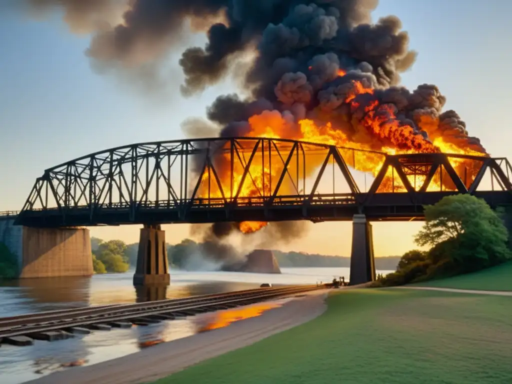 Imagen 8k detallada del icónico puente en llamas de la película 'Lo que el viento se llevó', fusionando literatura y cine