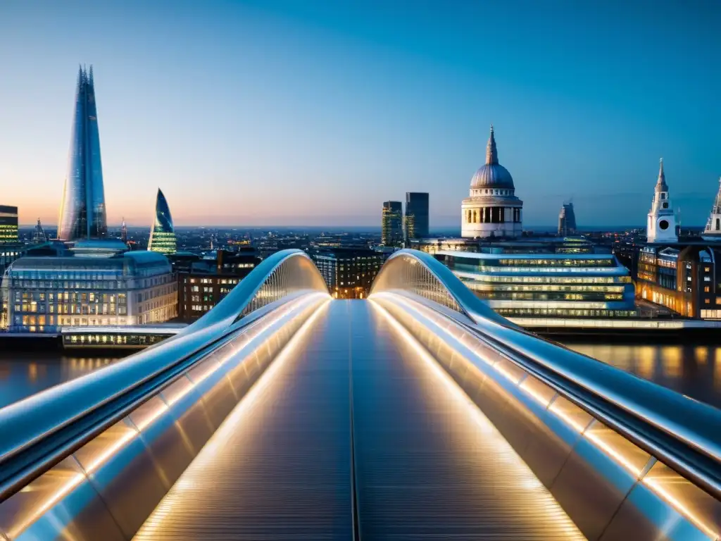 Imagen 8k detallada del icónico Puente del Milenio en Londres, con su diseño curvo futurista y la luz de la ciudad reflejada en el río Támesis