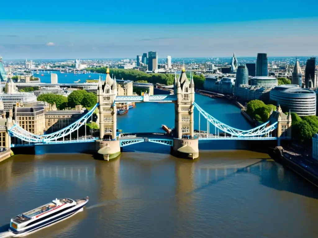 Imagen detallada del icónico Puente de la Torre de Londres, resaltando su arquitectura y grandiosidad sobre el río Támesis y la ciudad