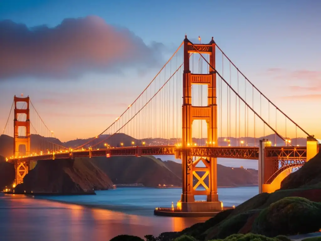 Imagen detallada del icónico Puente Golden Gate en San Francisco, destacando sus torres rojo anaranjadas en un atardecer vibrante y brumoso