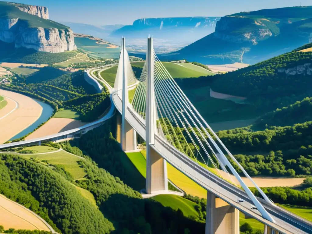 Imagen detallada del icónico Viaducto de Millau en Francia, destacando su innovador diseño y su integración con el paisaje natural