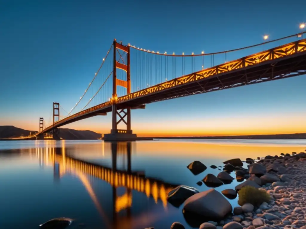 Imagen 8k detallada de un majestuoso puente al atardecer, resaltado por reflectores para resaltar arquitectura puentes