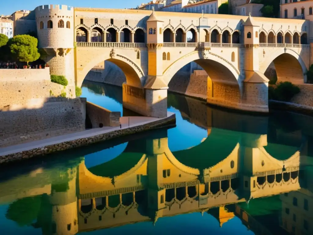 Una imagen detallada de la construcción medieval del Puente del Espíritu Santo, resaltando su arquitectura y reflejo en las tranquilas aguas