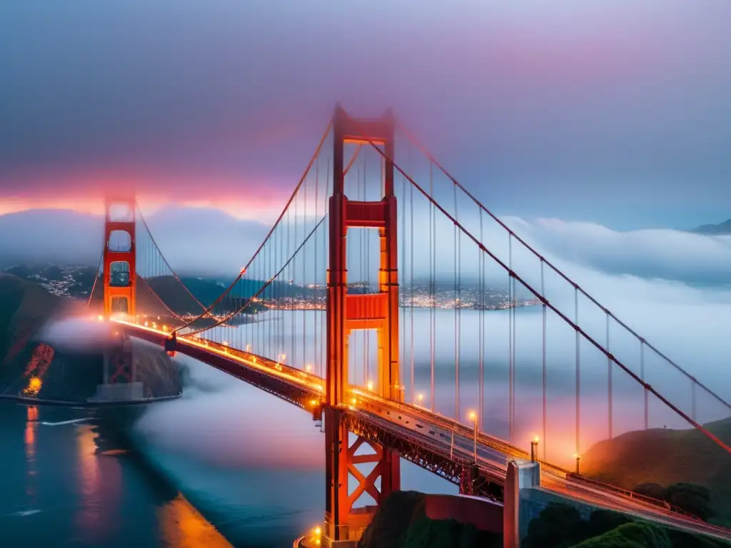 Imagen 8k detallada del místico Puente Golden Gate envuelto en neblina, mostrando la influencia mitológica nórdica en su diseño