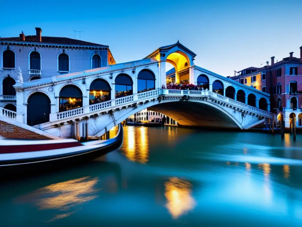 Una imagen detallada del Puente de Rialto en Venecia, con su arquitectura centenaria, resaltando la historia y la elegancia de la estructura