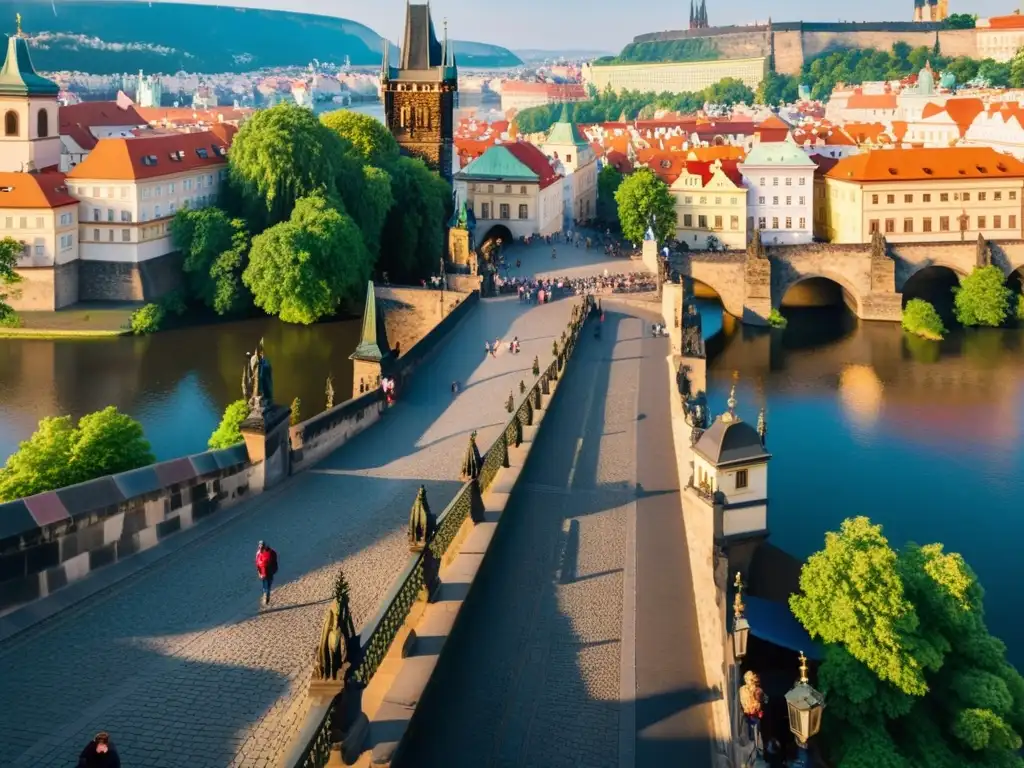 Esplendor gótico: Puente de Carlos en Praga al amanecer Imagen detallada del Puente Carlos en Praga, con su arquitectura gótica, torres antiguas, estatuas y el río Vltava