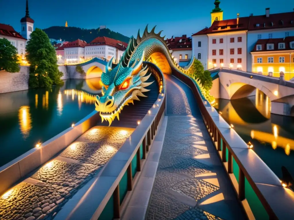 Imagen detallada del Puente del Dragón en Ljubljana, Eslovenia, resaltando su arquitectura gótica, esculturas de dragones y la ciudad