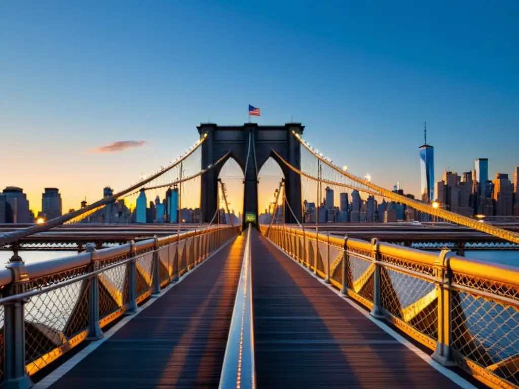 Imagen detallada del puente de Brooklyn al atardecer, con luces de la ciudad creando un ambiente romántico