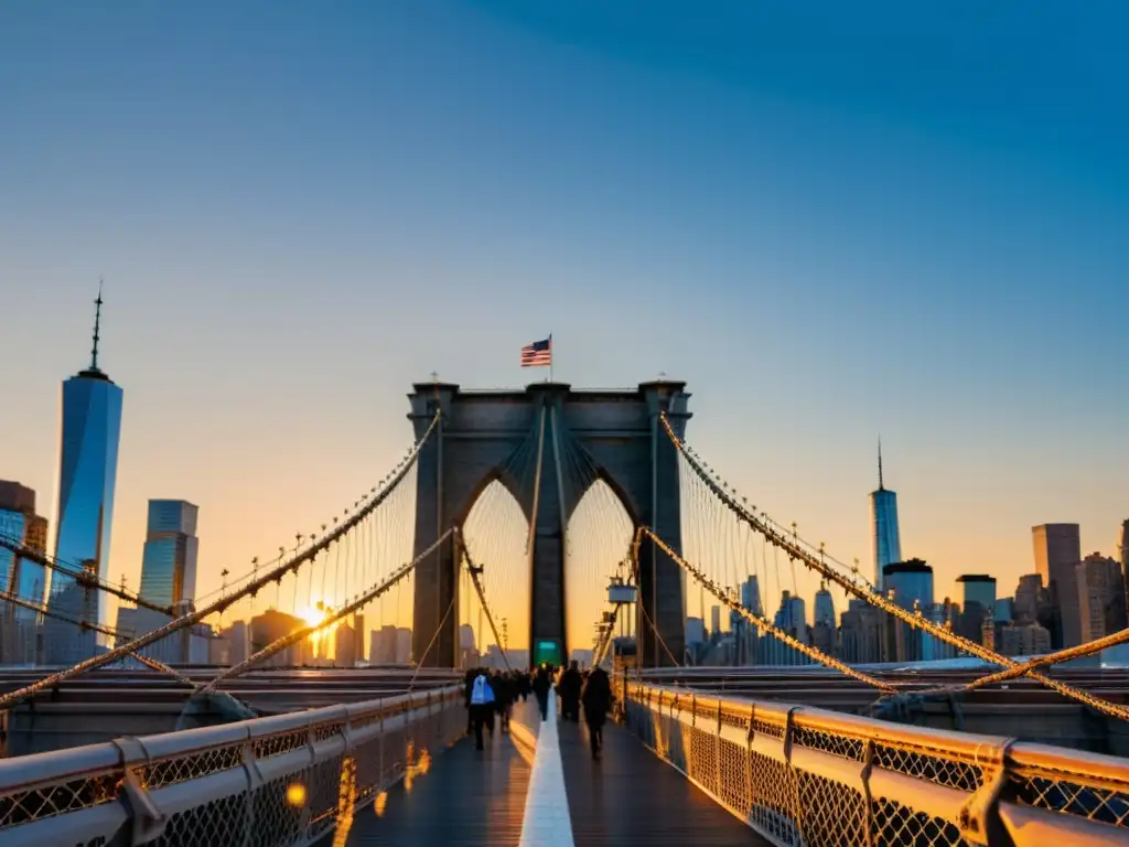 Imagen detallada del Puente de Brooklyn al atardecer, con sus cables de acero, pilares de piedra y el horizonte de la ciudad al fondo