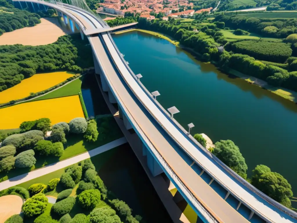 Espléndido puente de Leonardo da Vinci en 8k Imagen 8k detallada del Puente de Leonardo da Vinci reconstrucción, bañado por suave luz solar y rodeado de exuberante paisaje