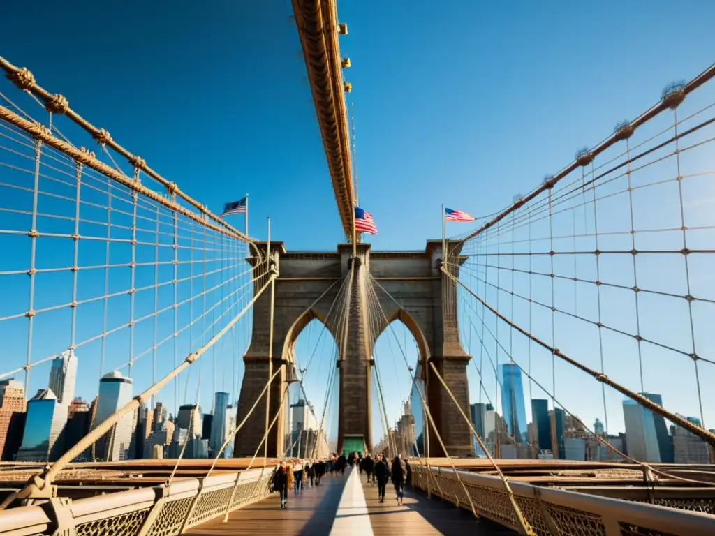 Imagen detallada del Puente de Brooklyn, resaltando sus cables de acero, torres majestuosas y la ciudad de Nueva York de fondo