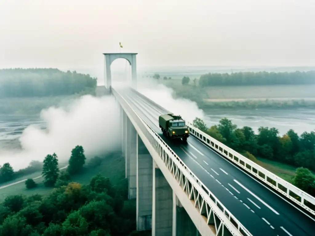 Imagen detallada del Puente de Glienicke en la Guerra Fría, con neblina y tensión