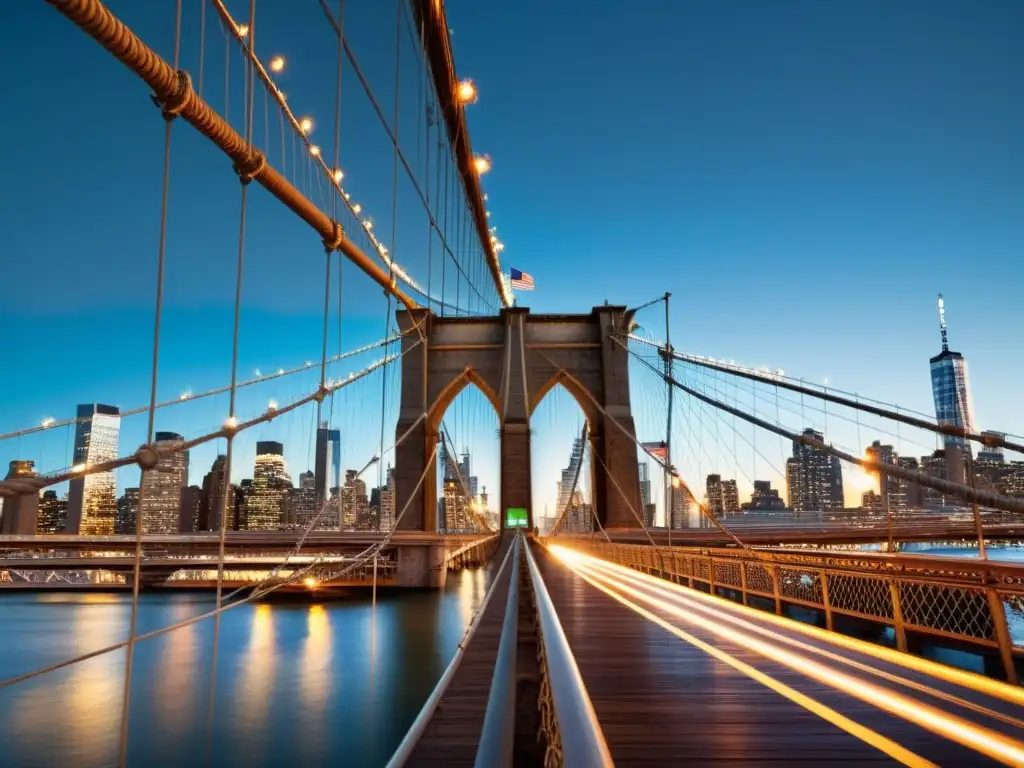 Imagen detallada del Puente de Brooklyn al anochecer, reflejando las luces de la ciudad en las aguas calmadas