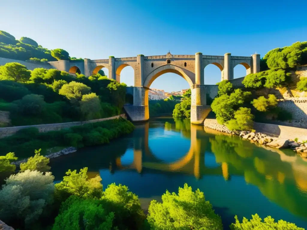 Imagen detallada del Puente del Espíritu Santo, construcción medieval destacando sus arcos de piedra y entorno natural exuberante