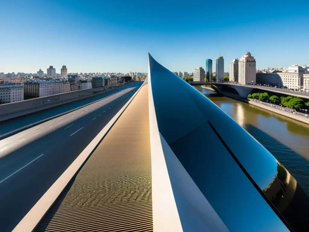 Imagen detallada del Puente de la Mujer en Buenos Aires, resaltando su diseño modernista y su integración en el paisaje urbano