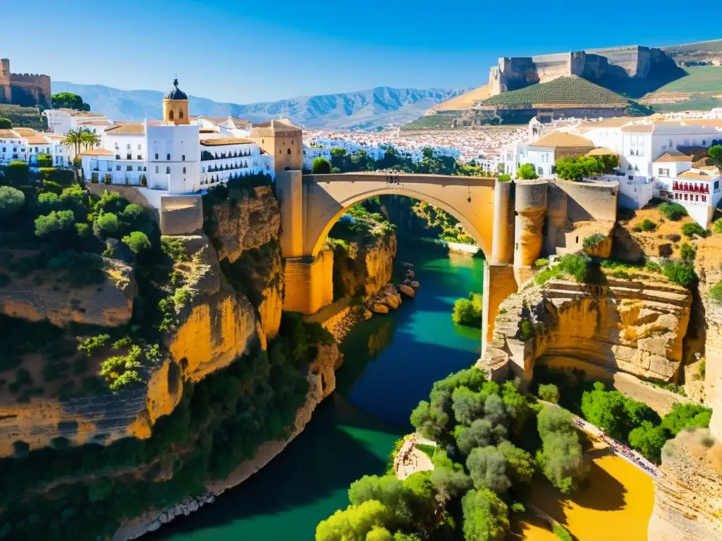 Imagen detallada del Puente Nuevo de Ronda en Andalucía, mostrando su grandiosidad, el cañón de El Tajo y el paisaje andaluz