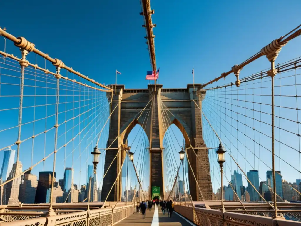 Imagen detallada del Puente de Brooklyn sobre el río Este, mostrando su estructura y entorno urbano