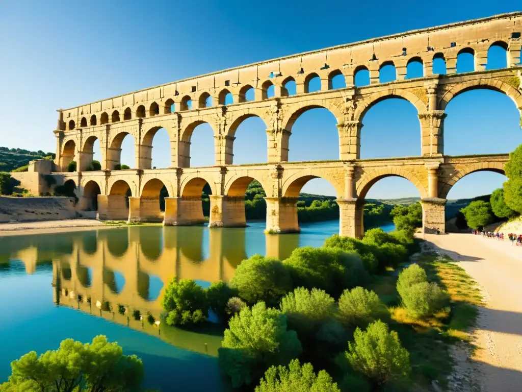 Imagen detallada del icónico Pont du Gard, un puente romano, con arcos y piedra iluminados por el cálido atardecer y rodeado de exuberante vegetación