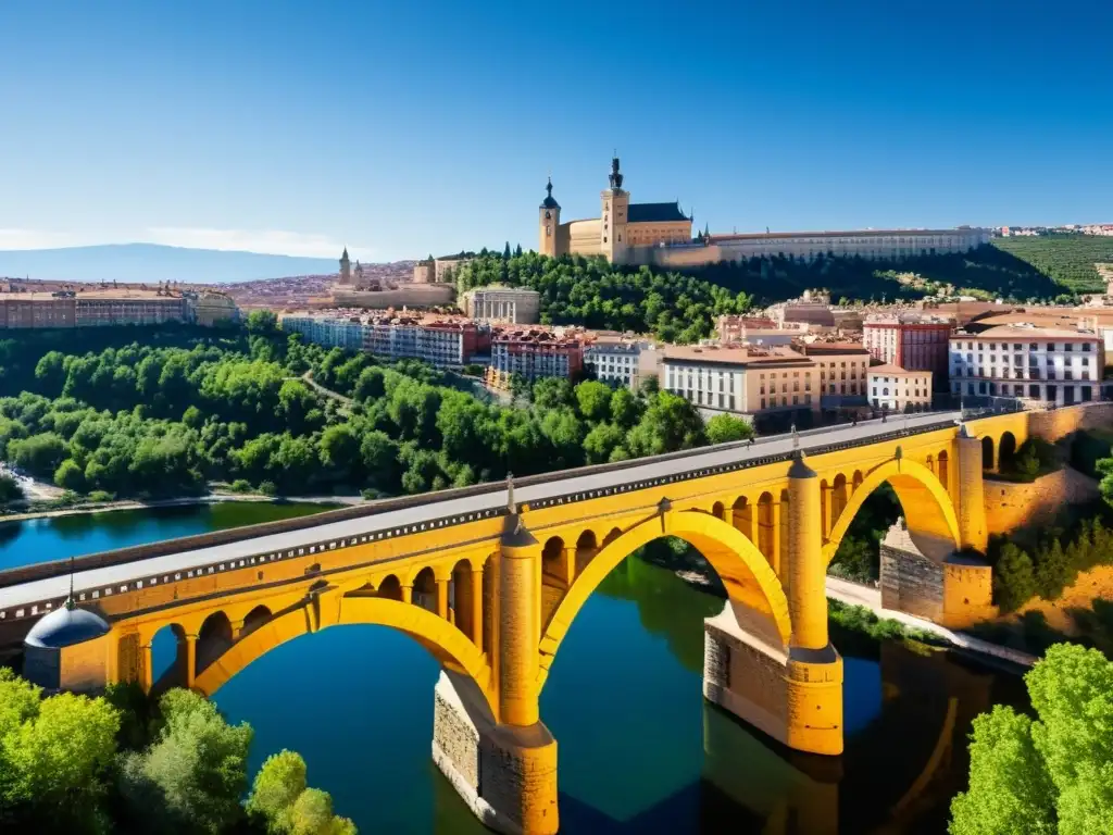 Imagen detallada del Puente de Segovia, puente renacentista Madrid Segovia, con el skyline de Madrid al fondo