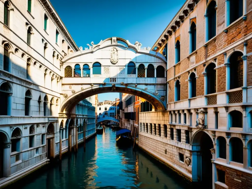 Imagen detallada del Puente de los Suspiros en Venecia, mostrando su arquitectura única y el encanto misterioso de la ciudad