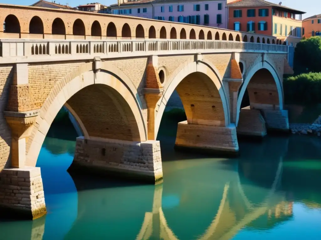 Imagen detallada del Puente de Tiberio en Rimini, con sus arcos de piedra desgastados y el río Tíber en el fondo