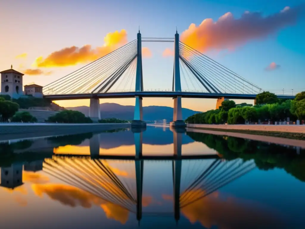 Imagen 8k detallada de la Puente de la Torre Colgante al amanecer sobre el río Nervión en Bilbao, destacando su arquitectura e historia