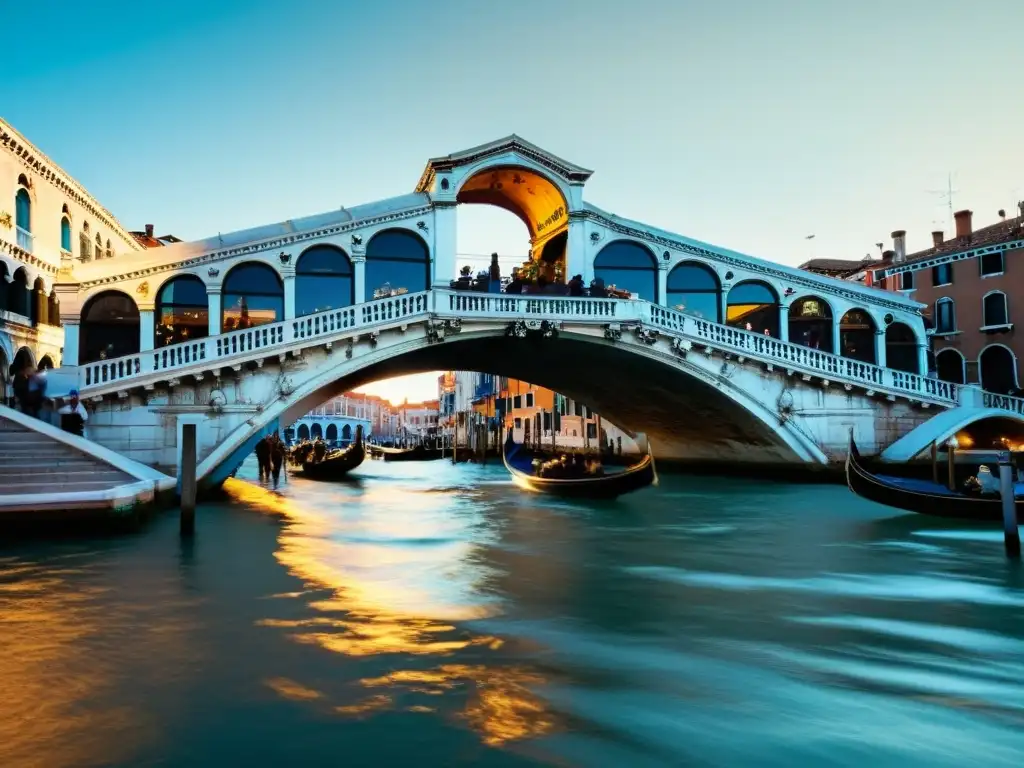 Imagen de la icónica Rialto Bridge en Venecia, Italia, con detalles antiguos y cálido resplandor, reflejando la realidad aumentada de puentes antiguos