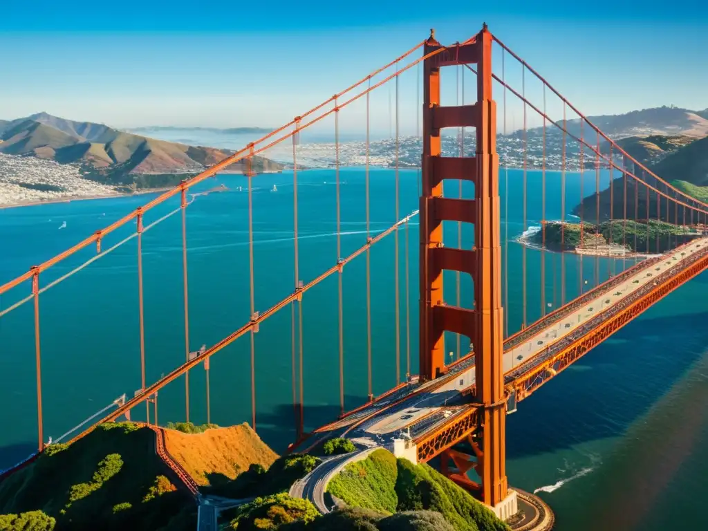 Imagen de alta resolución del Puente Golden Gate en San Francisco, con sus detalles arquitectónicos, color rojizo y la ciudad en el fondo