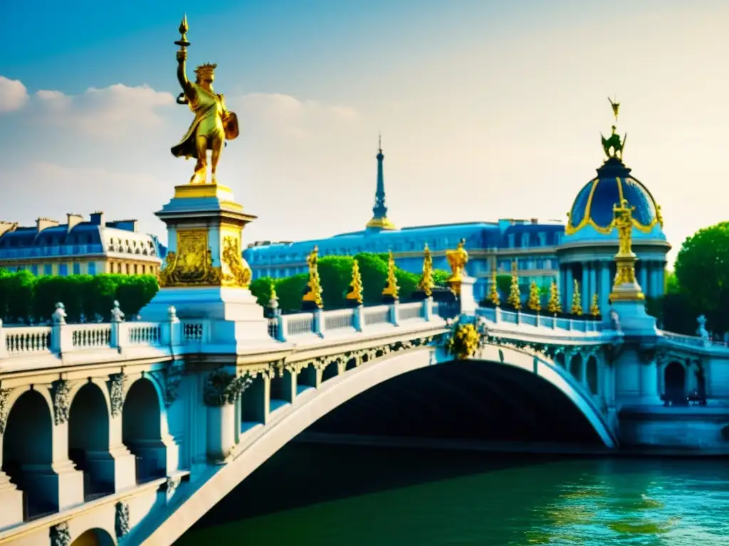 Imagen de alta resolución del Puente Alexandre III en París, con detalles arquitectónicos y estatuas doradas contra el río Sena y el horizonte de París, reflejando su elegancia atemporal